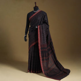 Grey Block Print Natural Dyed Cotton Bagh Saree