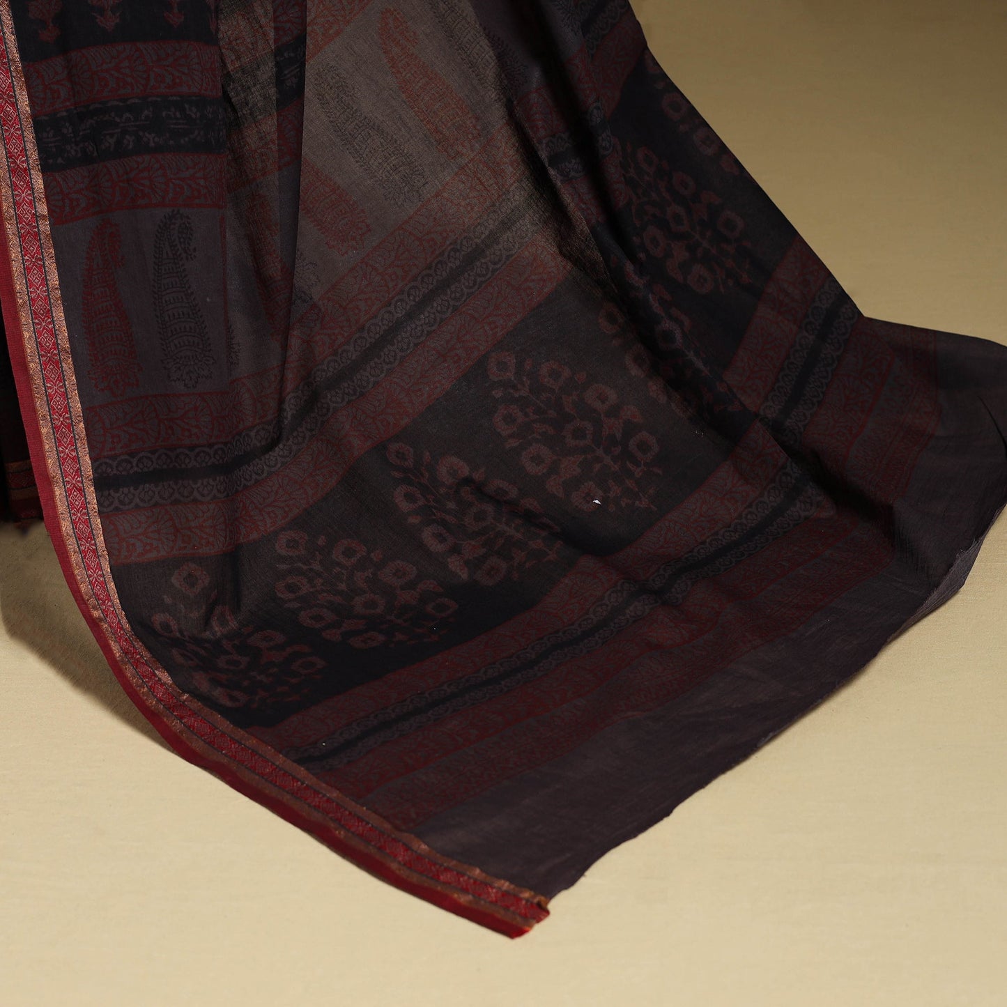 Grey Block Print Natural Dyed Cotton Bagh Saree