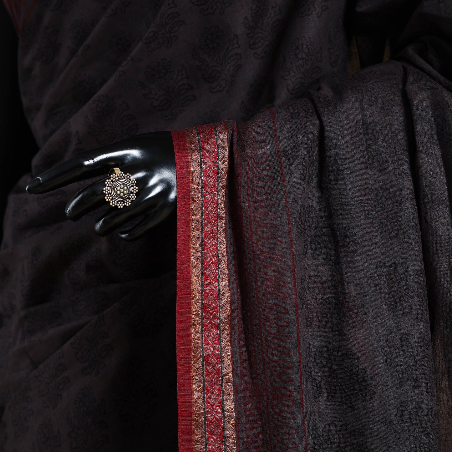 Grey Block Print Natural Dyed Cotton Bagh Saree