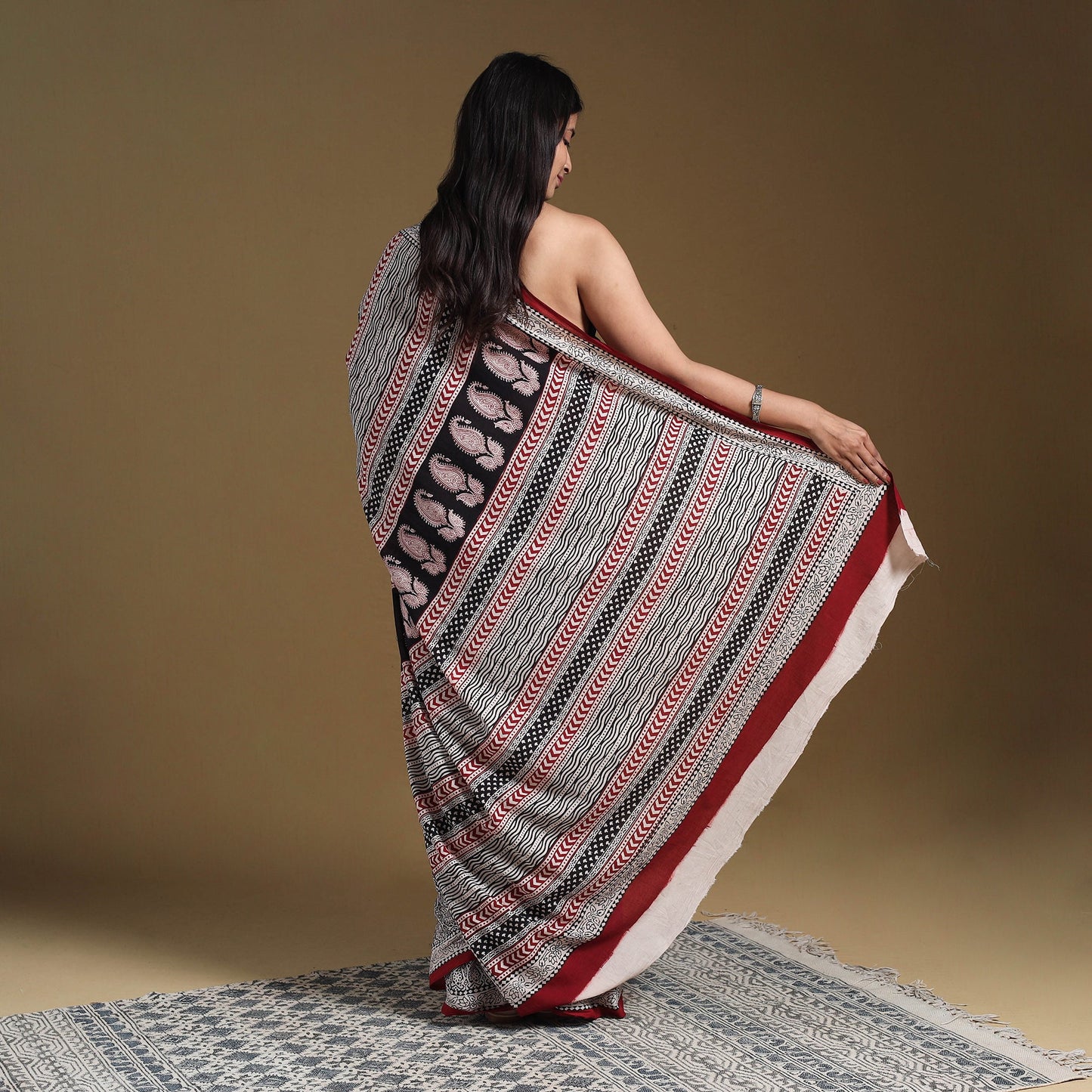 Grey Block Print Natural Dyed Cotton Bagh Saree