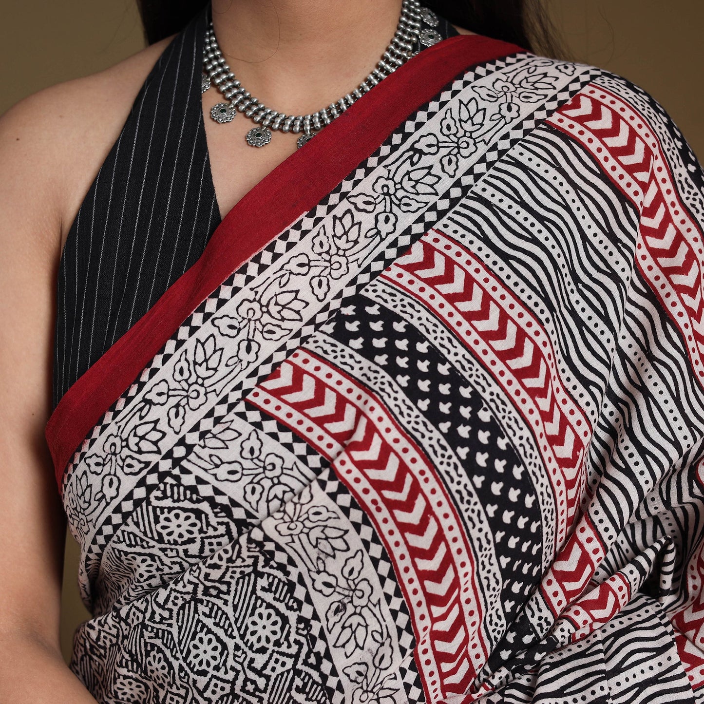 Grey Block Print Natural Dyed Cotton Bagh Saree