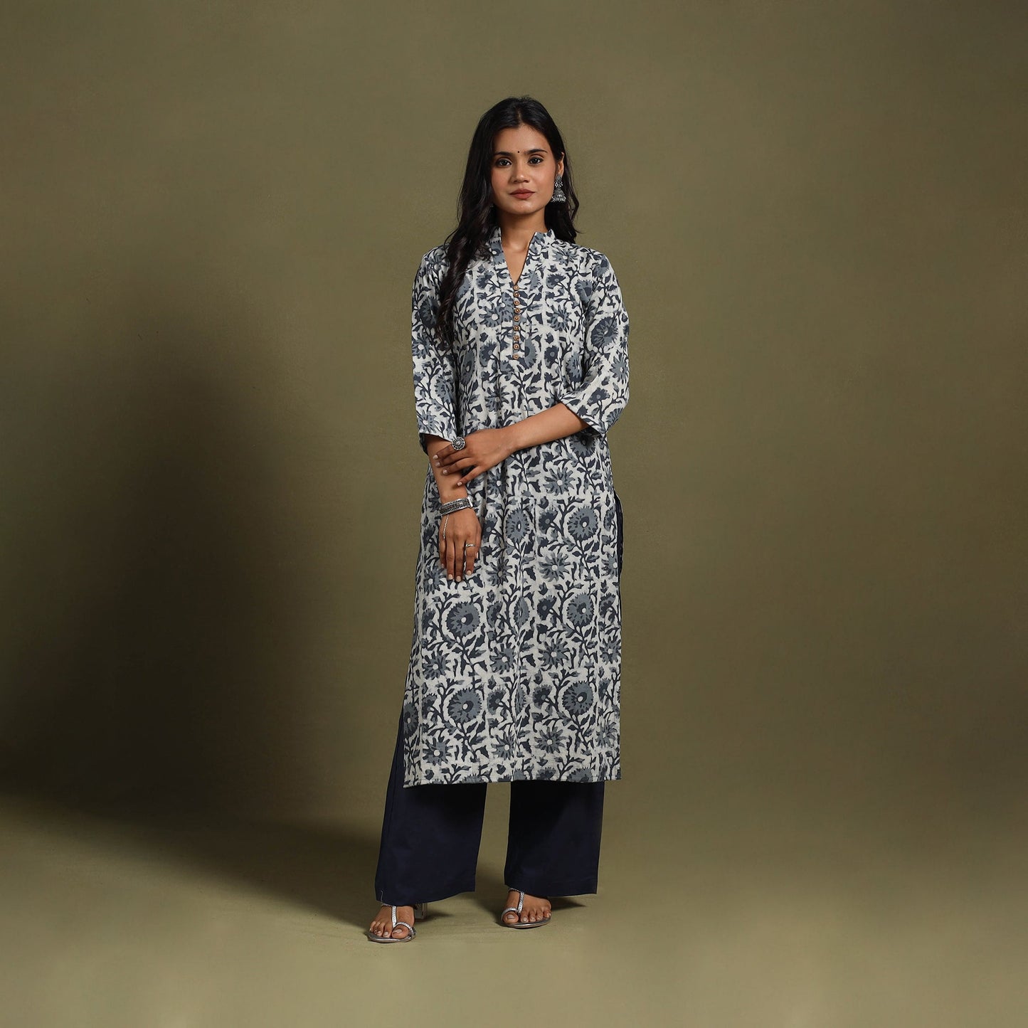 Grey Block Print Natural Dyed Cotton Straight Jahota Kurta
