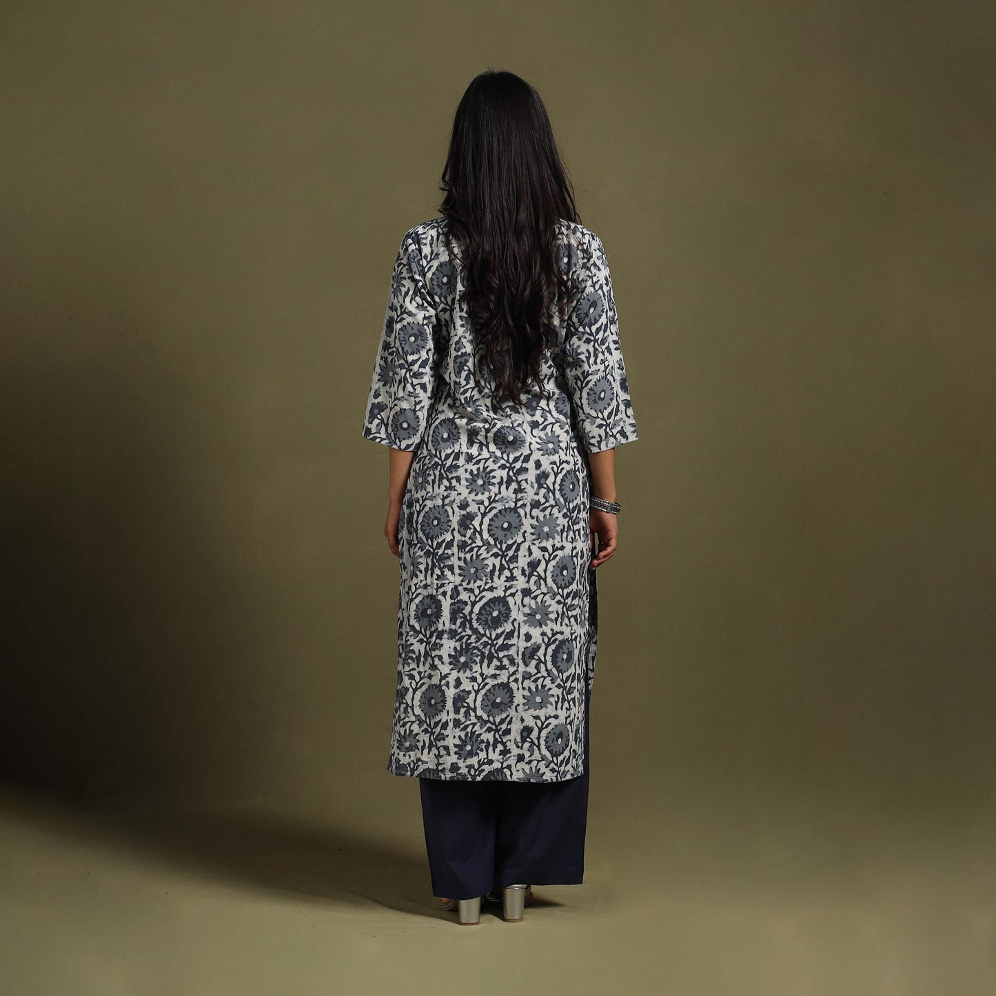 Grey Block Print Natural Dyed Cotton Straight Jahota Kurta