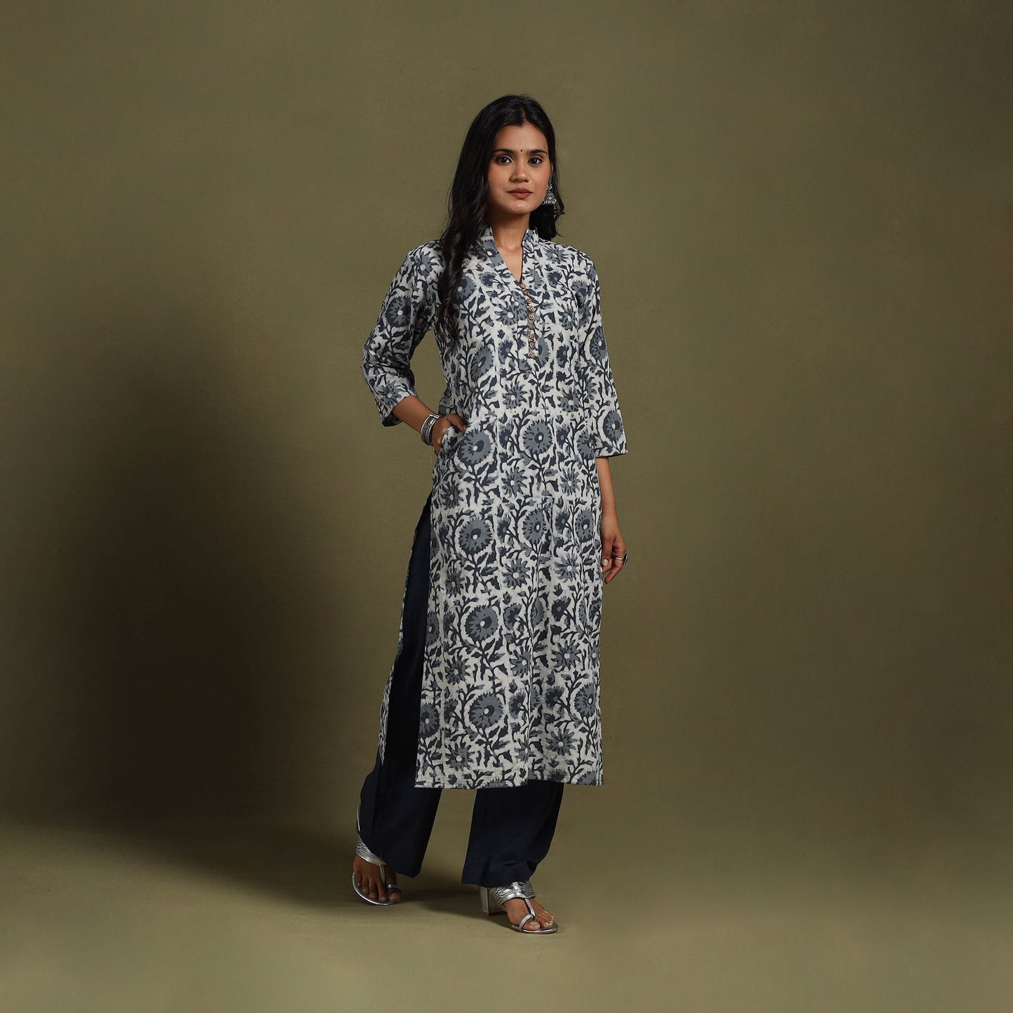 Grey Block Print Natural Dyed Cotton Straight Jahota Kurta