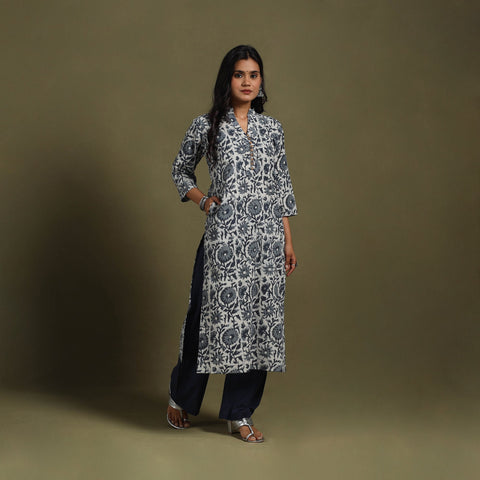 Grey Block Print Natural Dyed Cotton Straight Jahota Kurta
