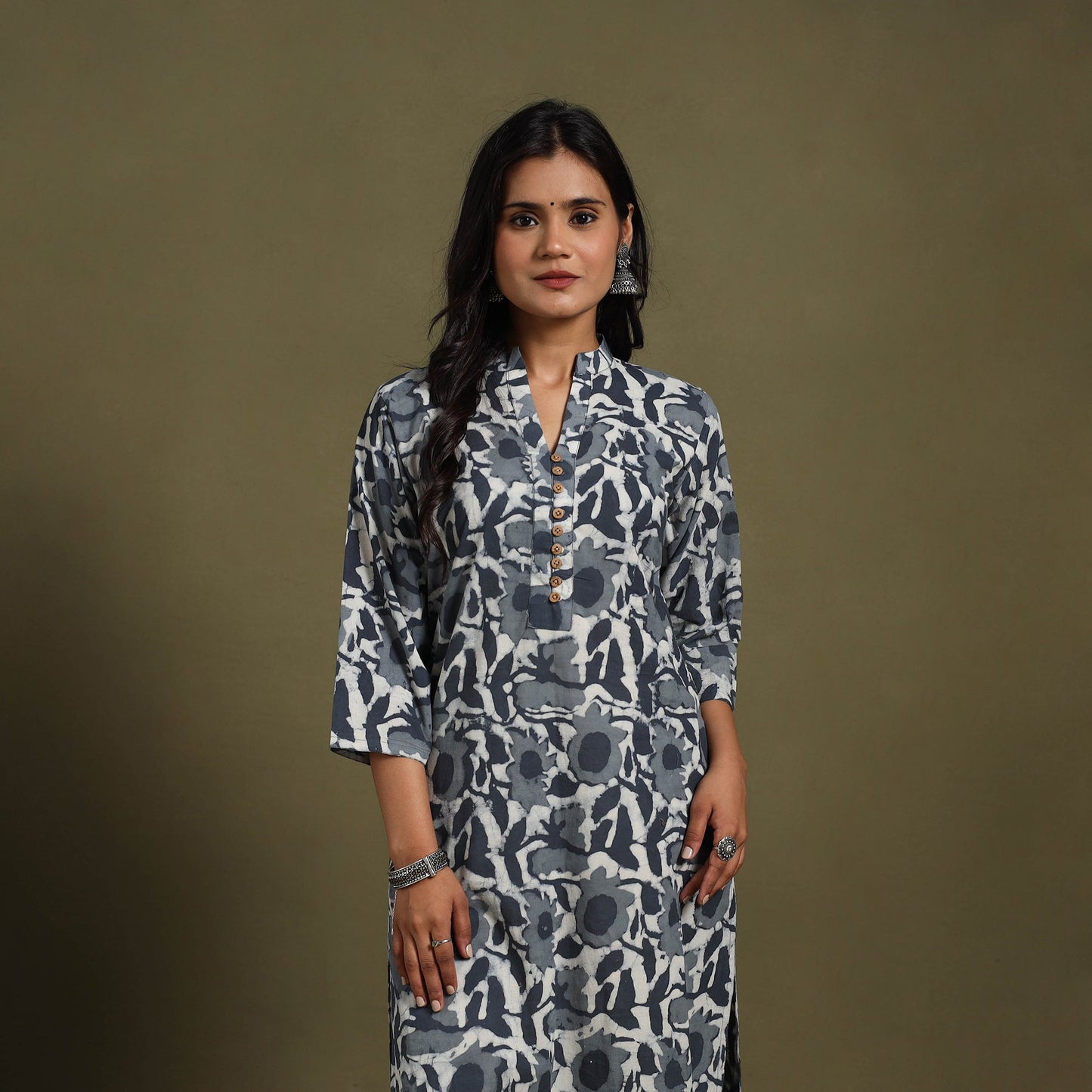 Grey Block Print Natural Dyed Cotton Straight Jahota Kurta