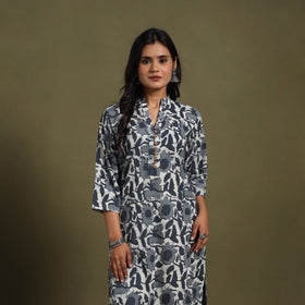 Grey Block Print Natural Dyed Cotton Straight Jahota Kurta