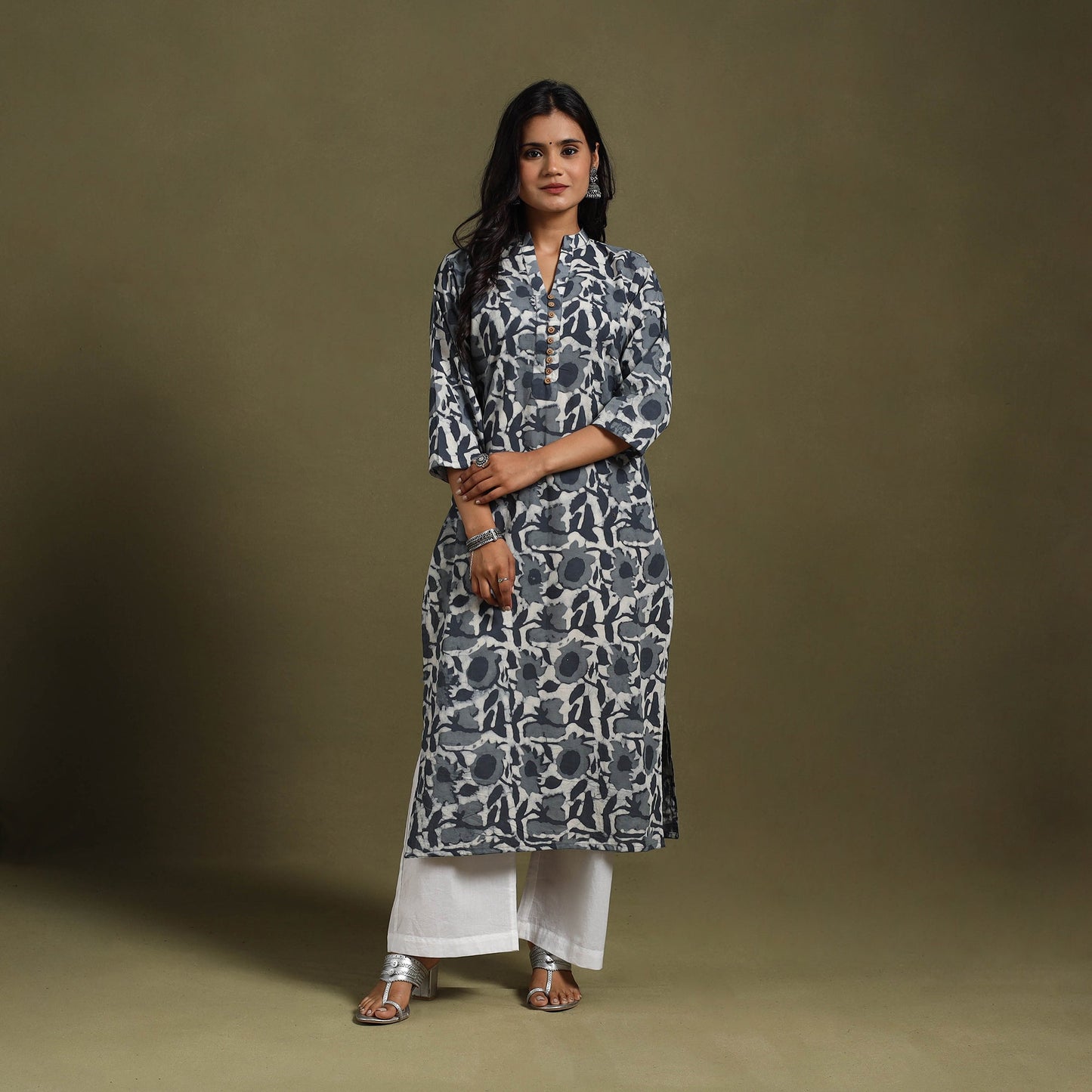 Grey Block Print Natural Dyed Cotton Straight Jahota Kurta
