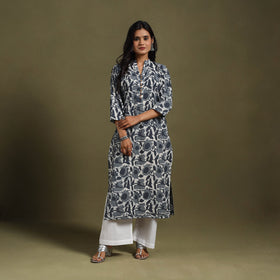 Grey Block Print Natural Dyed Cotton Straight Jahota Kurta