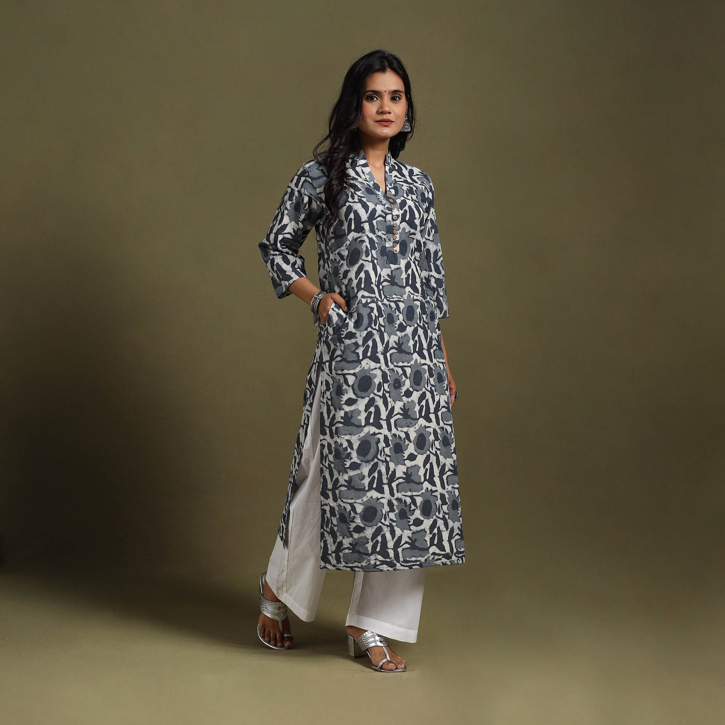 Grey Block Print Natural Dyed Cotton Straight Jahota Kurta