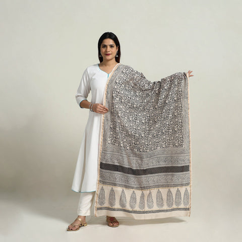 Buy Grey Natural Dyed Hand Block Print Chanderi Silk Bagh Dupatta