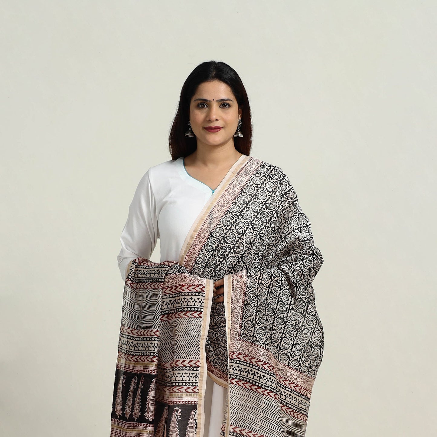 Grey - Natural Dyed Hand Block Print Chanderi Silk Bagh Dupatta 27