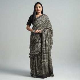 Brown Natural Dyed Block Print Mul Cotton Ajrakh Saree