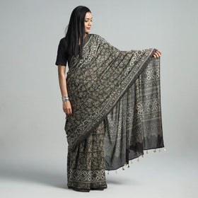  Brown Natural Dyed Block Print Mul Cotton Ajrakh Saree