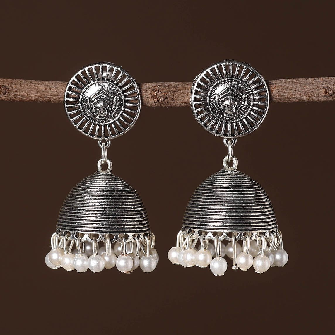 Noor German Silver Beaded Jhumki Earrings 