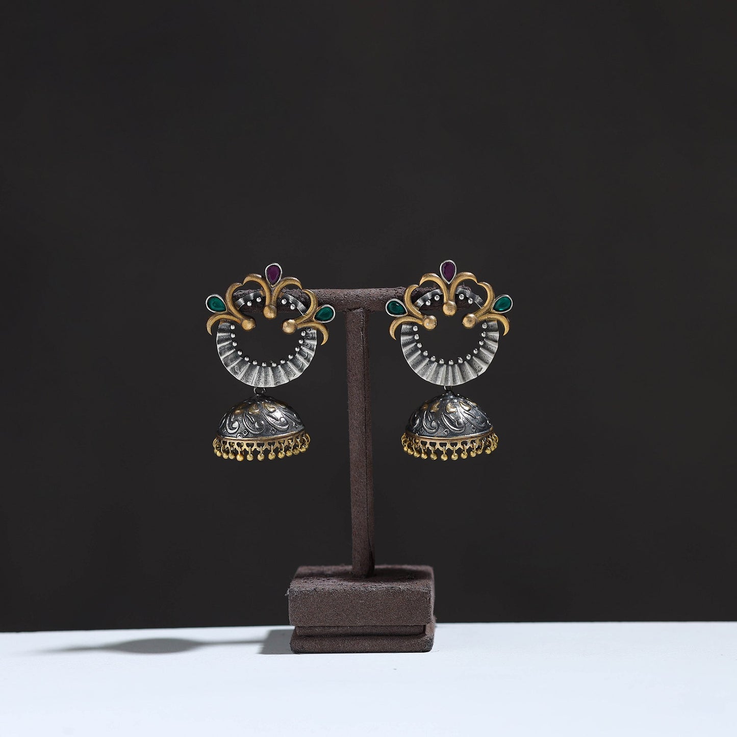 Grey - oxidised dual tone stone gs jhumki earrings 08
