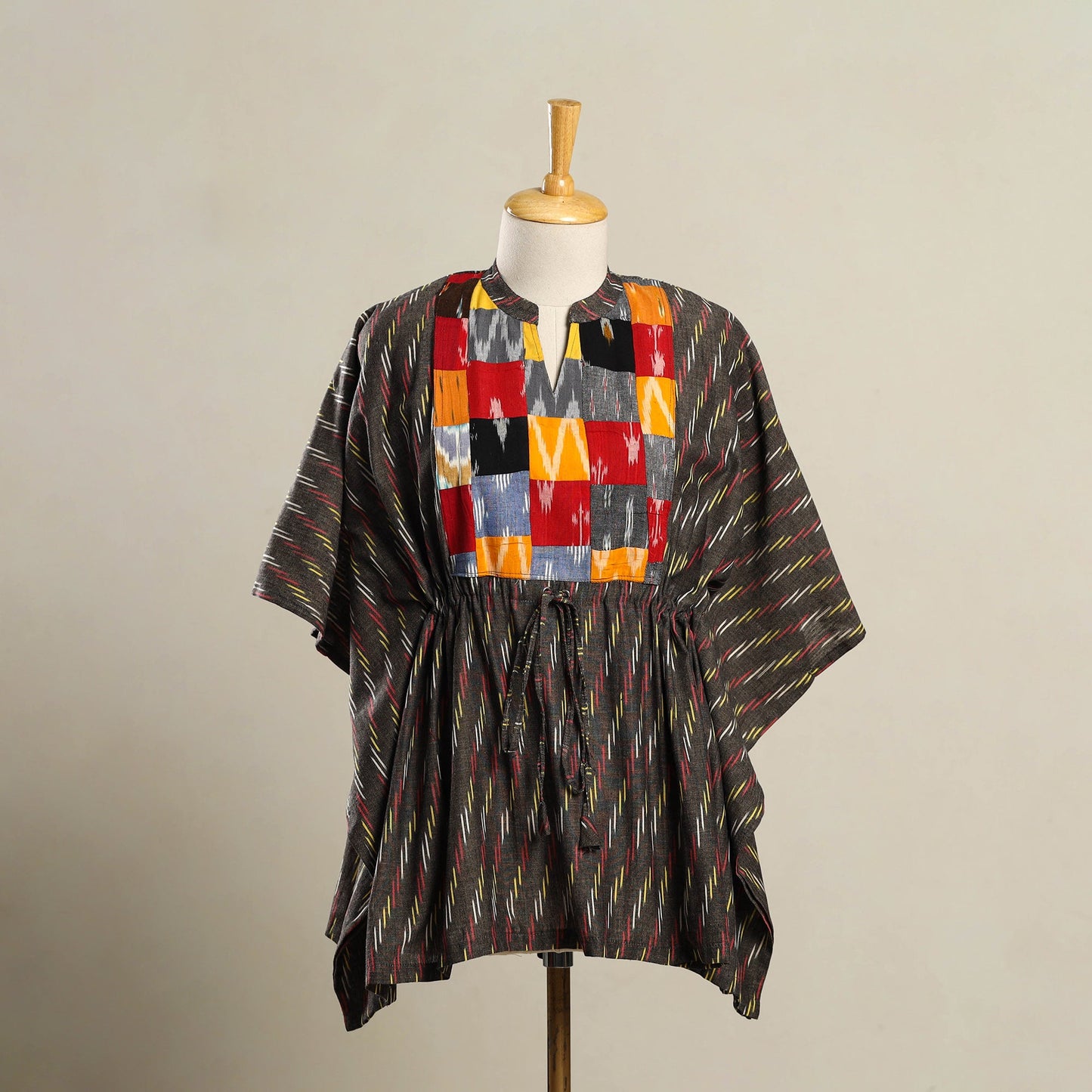 Grey - patchwork pochampally ikat cotton kaftan (short) 05