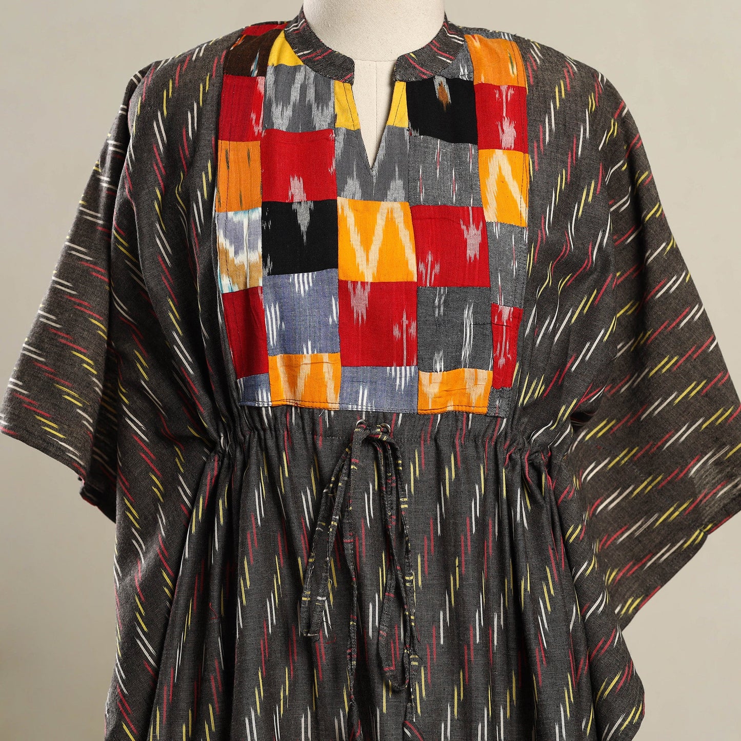 Grey - patchwork pochampally ikat cotton kaftan (short) 05