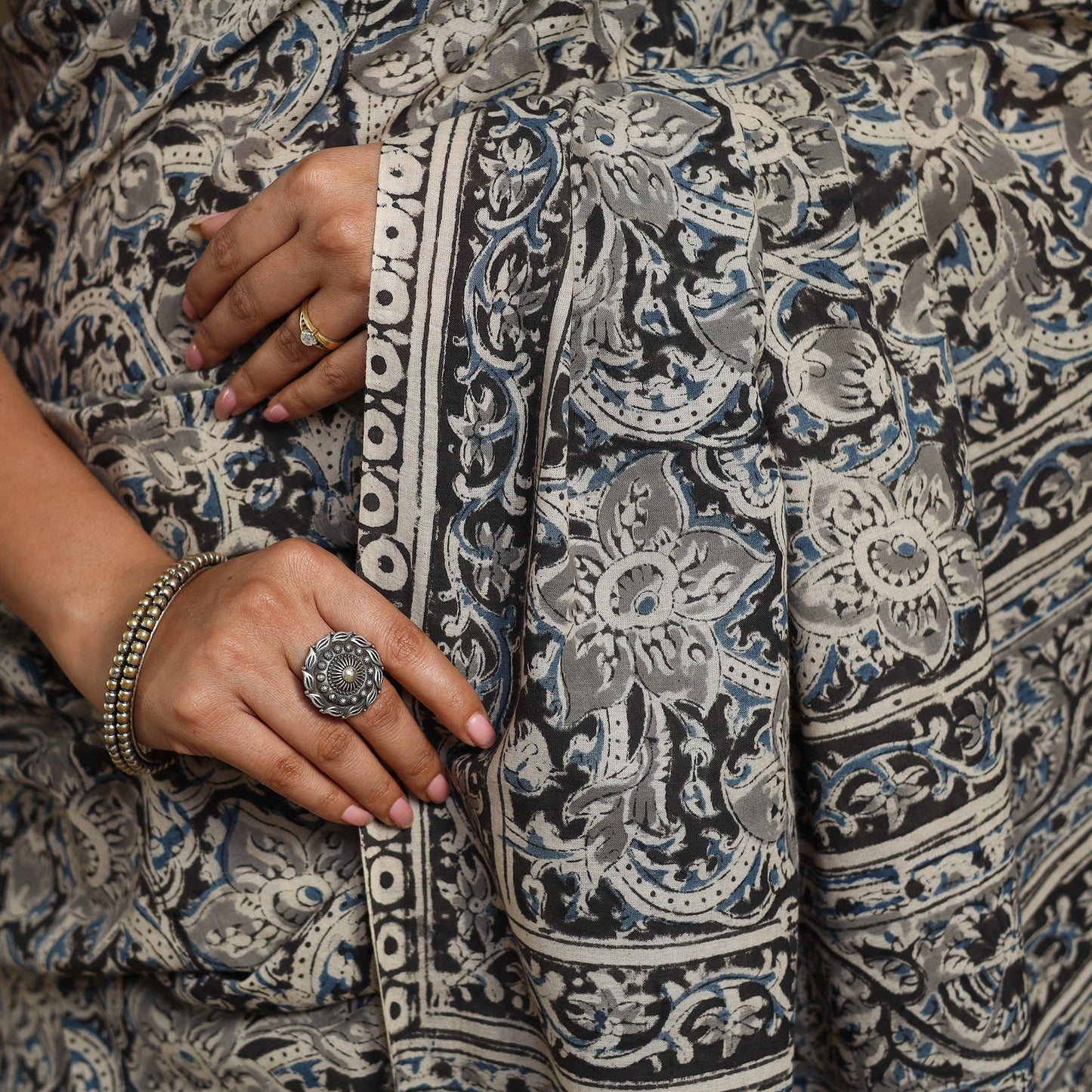 Grey Pedana Block Print Cotton Kalamkari Saree