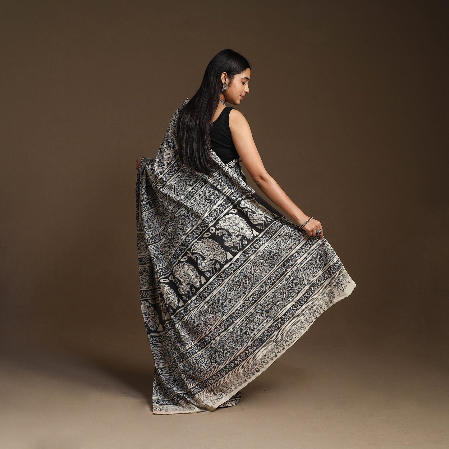 Grey Pedana Block Print Cotton Kalamkari Saree