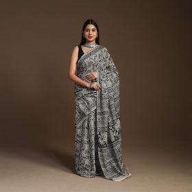 Grey Pedana Block Print Cotton Kalamkari Saree