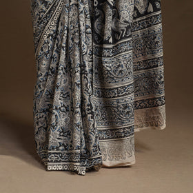 Grey Pedana Block Print Cotton Kalamkari Saree