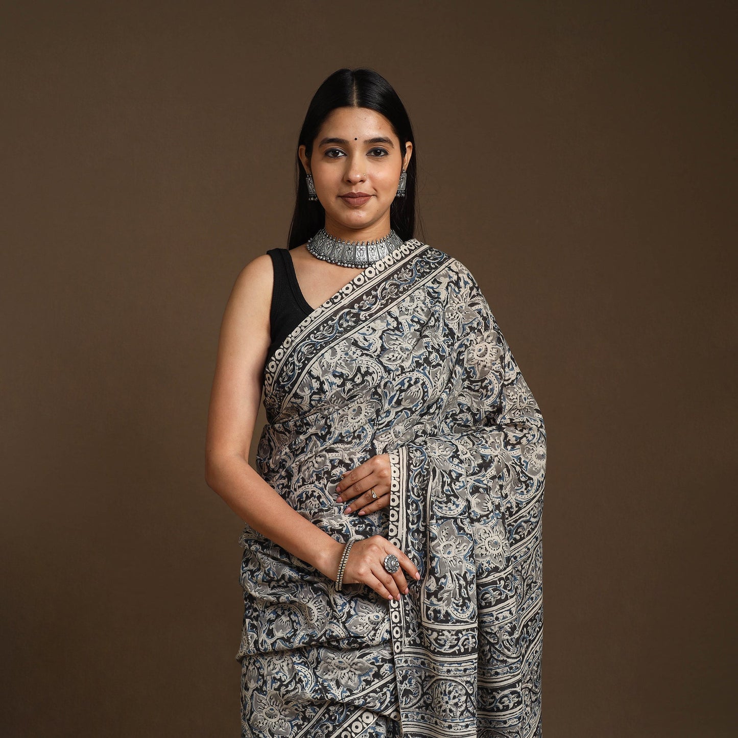 Grey Pedana Block Print Cotton Kalamkari Saree