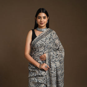 Grey Pedana Block Print Cotton Kalamkari Saree