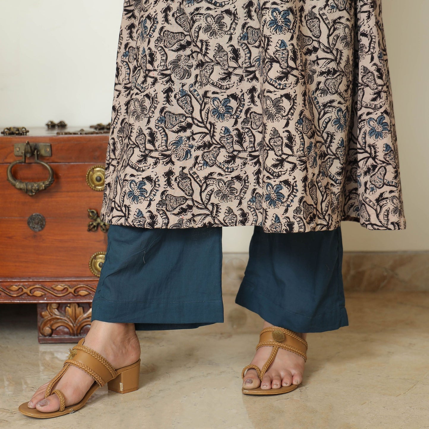Grey - pedana kalamkari printed cotton kurta with palazzo &