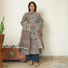 Grey - pedana kalamkari printed cotton kurta with palazzo &