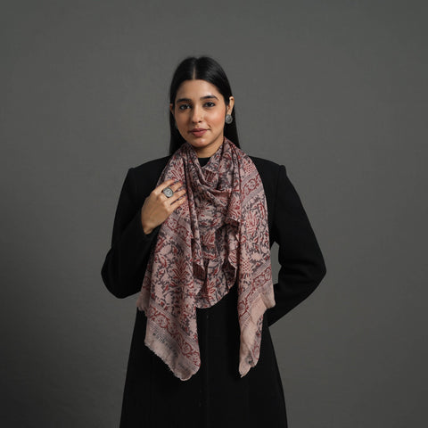 Grey Block Print Pedana Kalamkari Wool Stole 