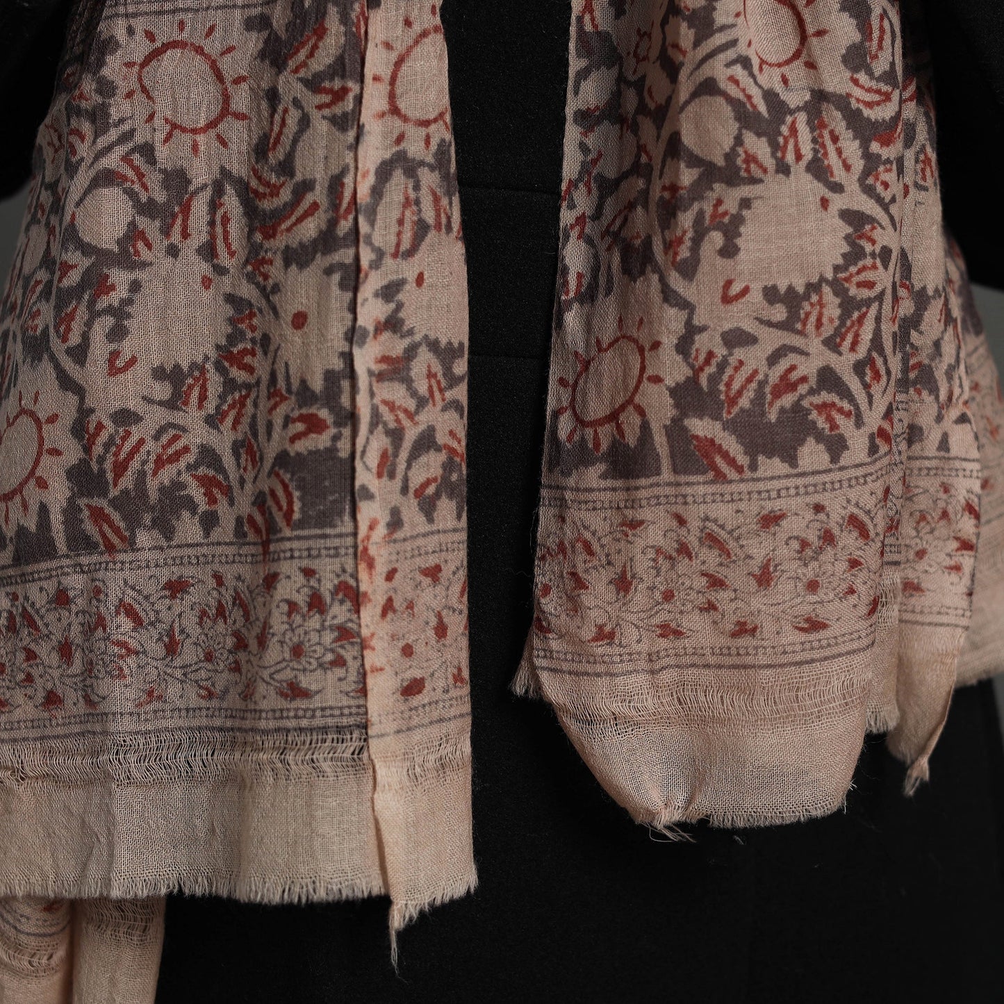 Grey Block Print Pedana Kalamkari Wool Stole