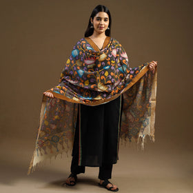 Grey Pen Work Chanderi Silk Handpainted Kalamkari Dupatta