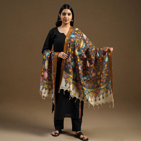 Grey Pen Work Chanderi Silk Handpainted Kalamkari Dupatta