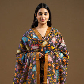 Grey Pen Work Chanderi Silk Handpainted Kalamkari Dupatta