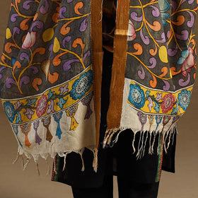 Grey Pen Work Chanderi Silk Handpainted Kalamkari Dupatta