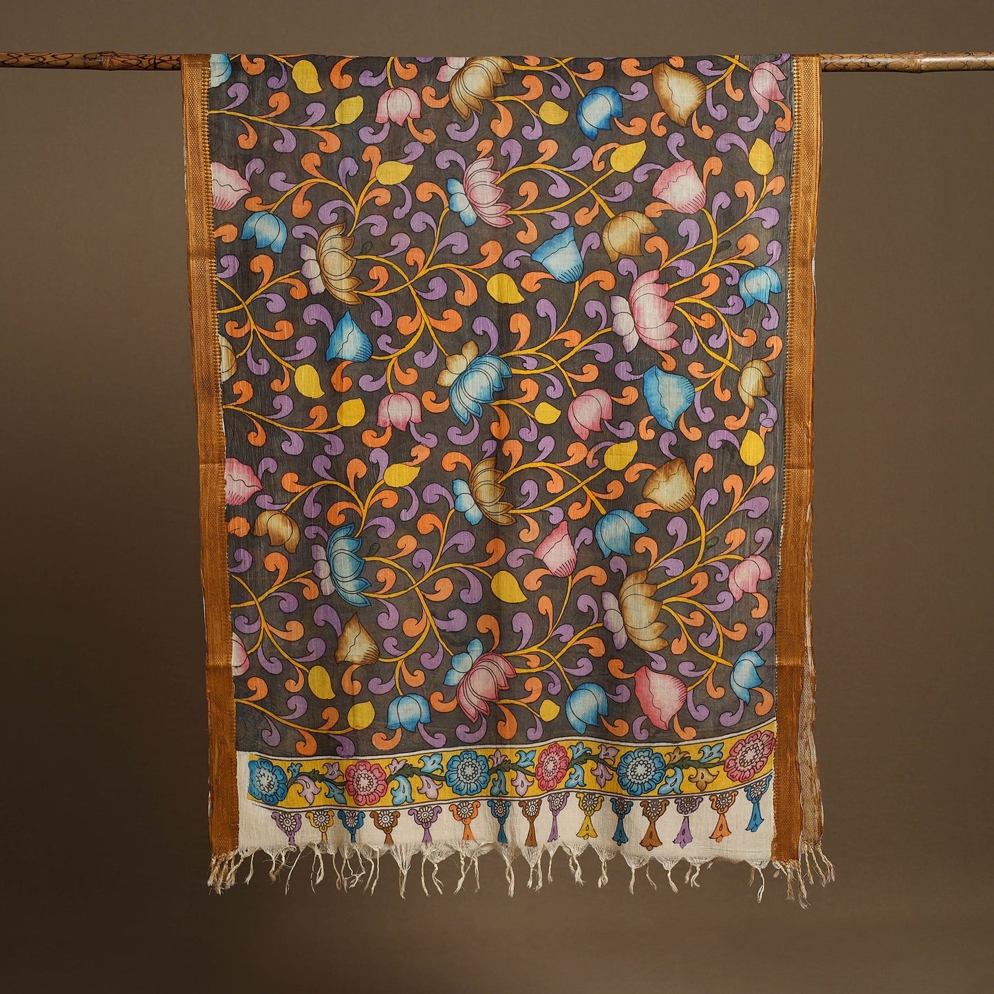 Grey Pen Work Chanderi Silk Handpainted Kalamkari Dupatta