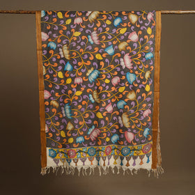 Grey Pen Work Chanderi Silk Handpainted Kalamkari Dupatta