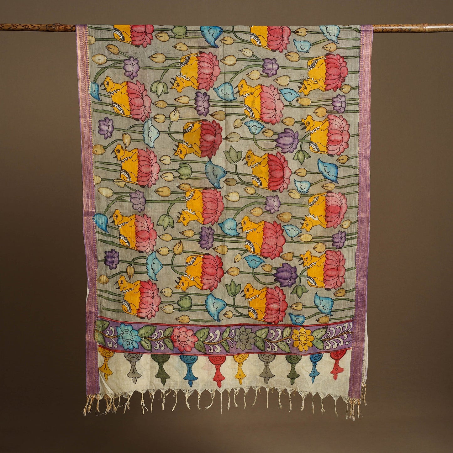 Grey Pen Work Chanderi Silk Handpainted Kalamkari Dupatta