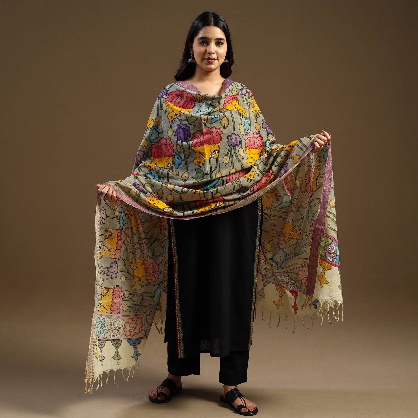 Grey Pen Work Chanderi Silk Handpainted Kalamkari Dupatta