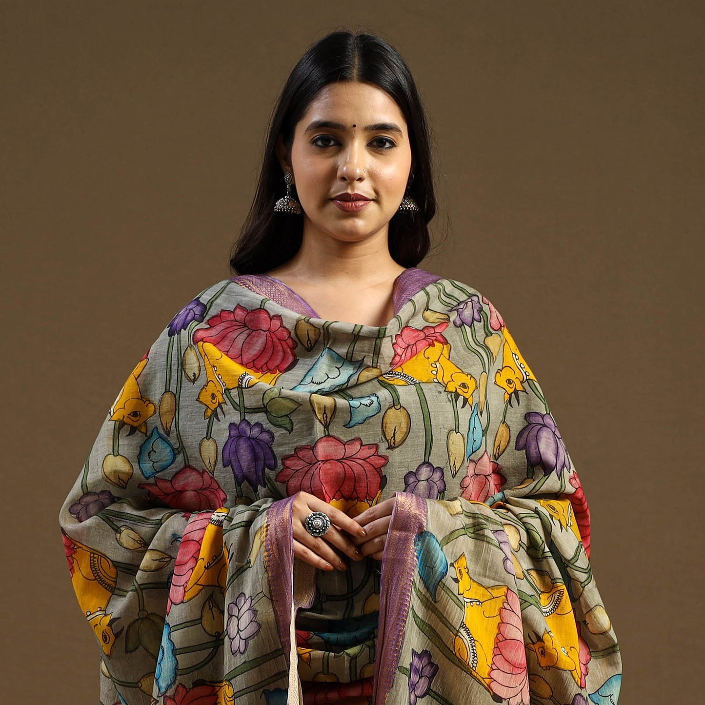 Grey Pen Work Chanderi Silk Handpainted Kalamkari Dupatta