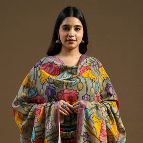 Grey Pen Work Chanderi Silk Handpainted Kalamkari Dupatta