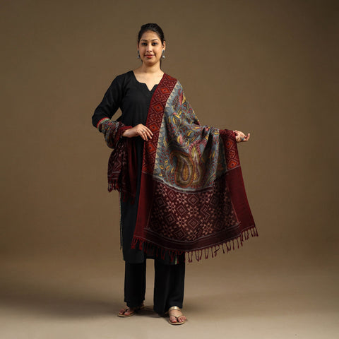 Grey Pen Work Cotton Ikat Border Handpainted Kalamkari Dupatta