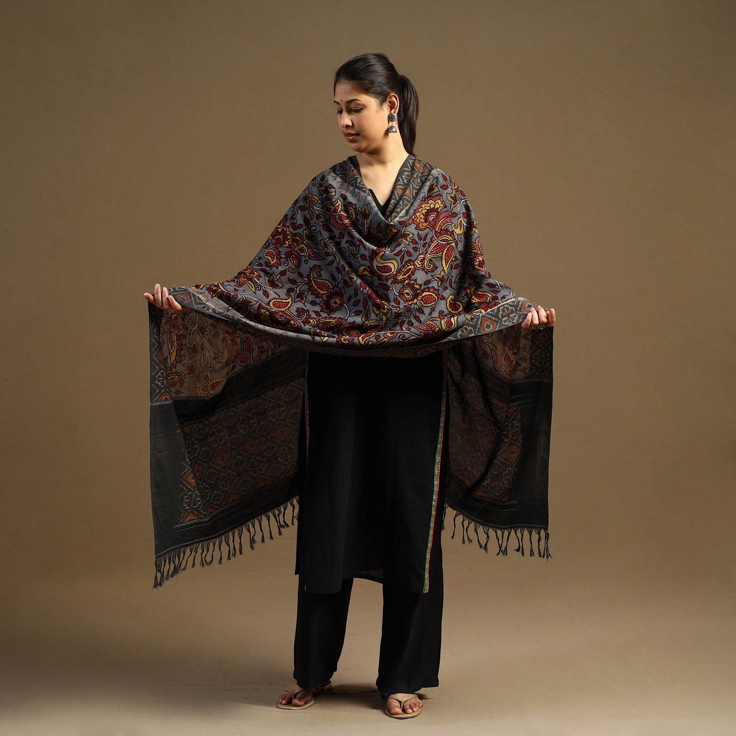 Pen Work Cotton Ikat Border Handpainted Kalamkari Dupatta