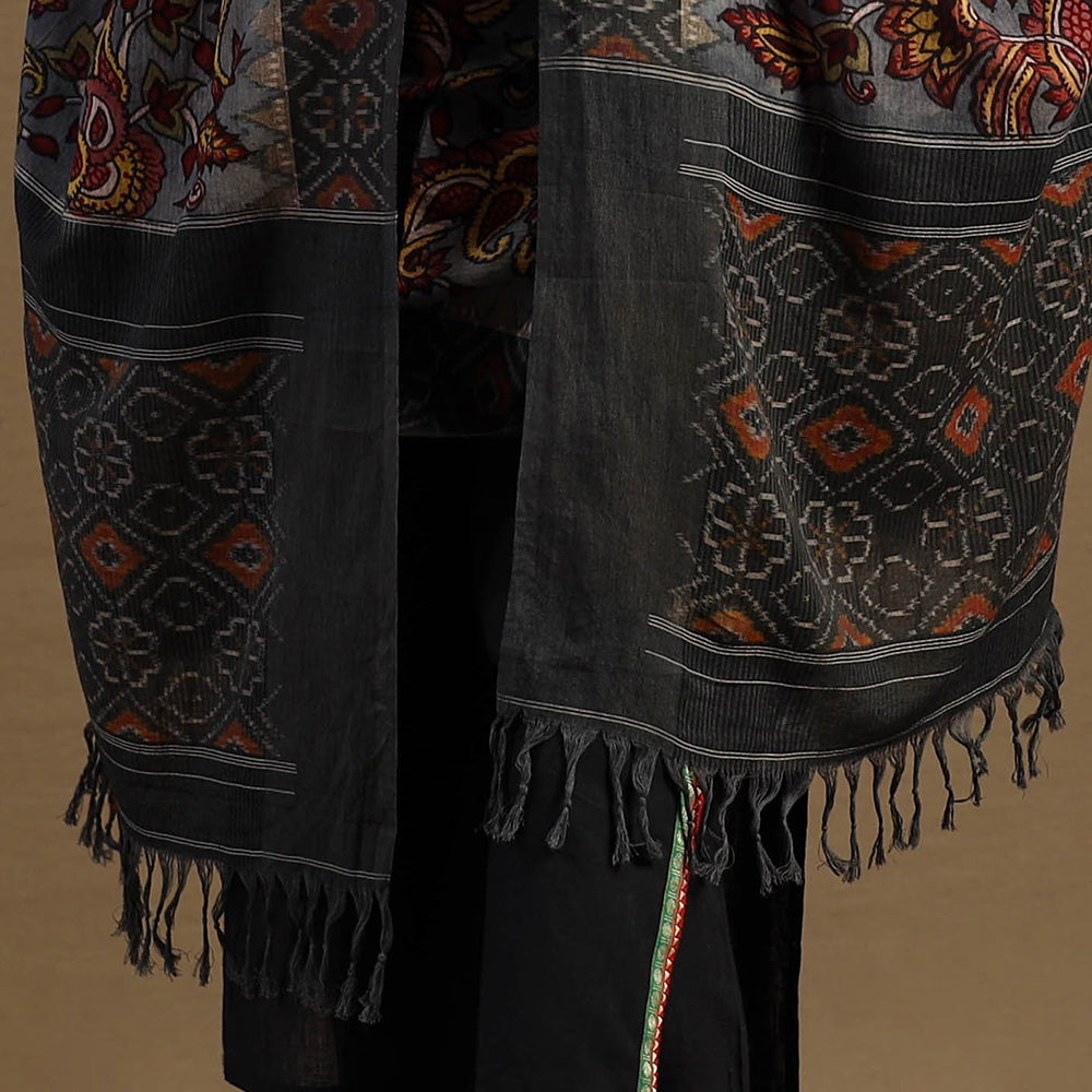 Pen Work Cotton Ikat Border Handpainted Kalamkari Dupatta