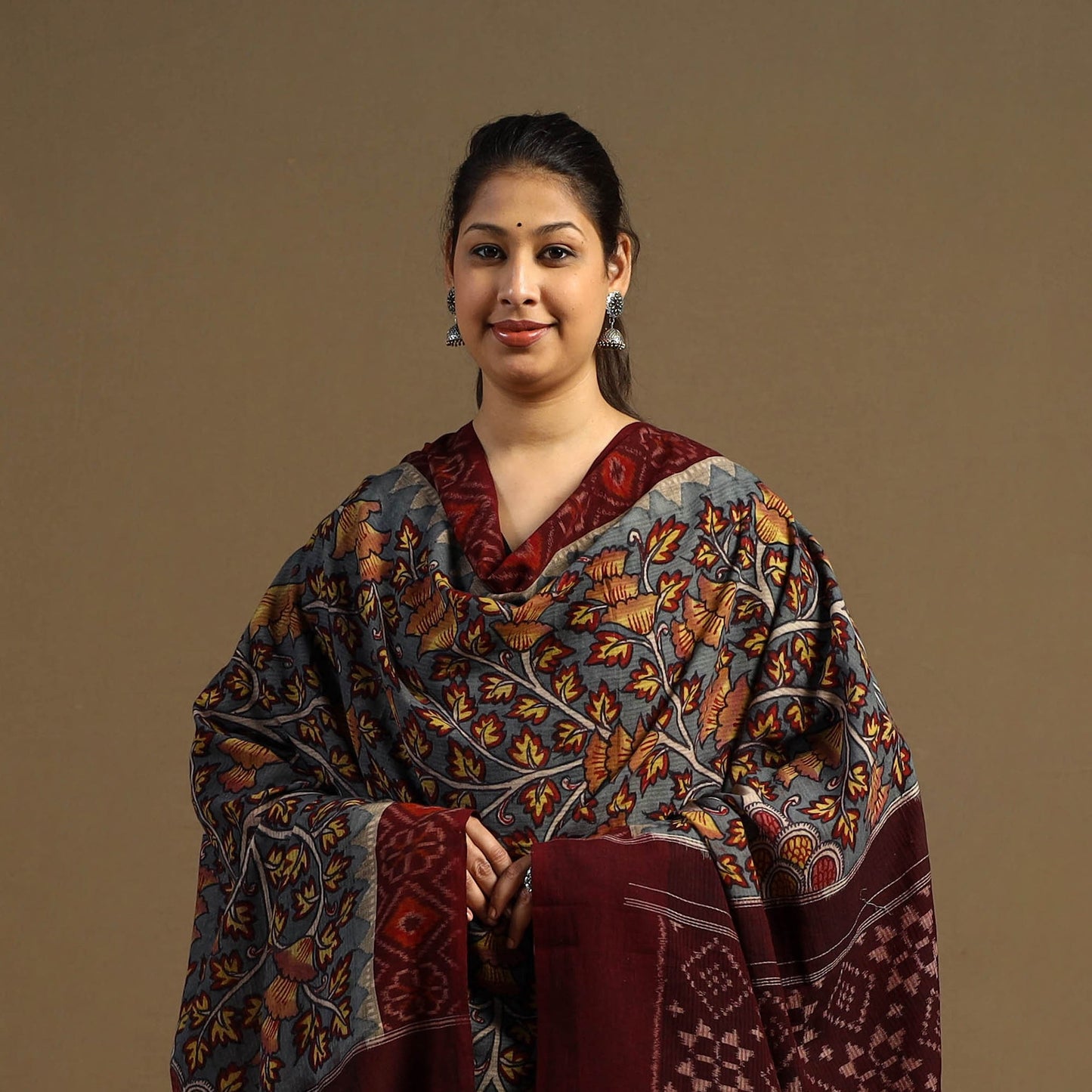 Grey Pen Work Cotton Ikat Border Handpainted Kalamkari Dupatta