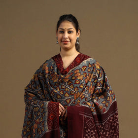 Grey Pen Work Cotton Ikat Border Handpainted Kalamkari Dupatta