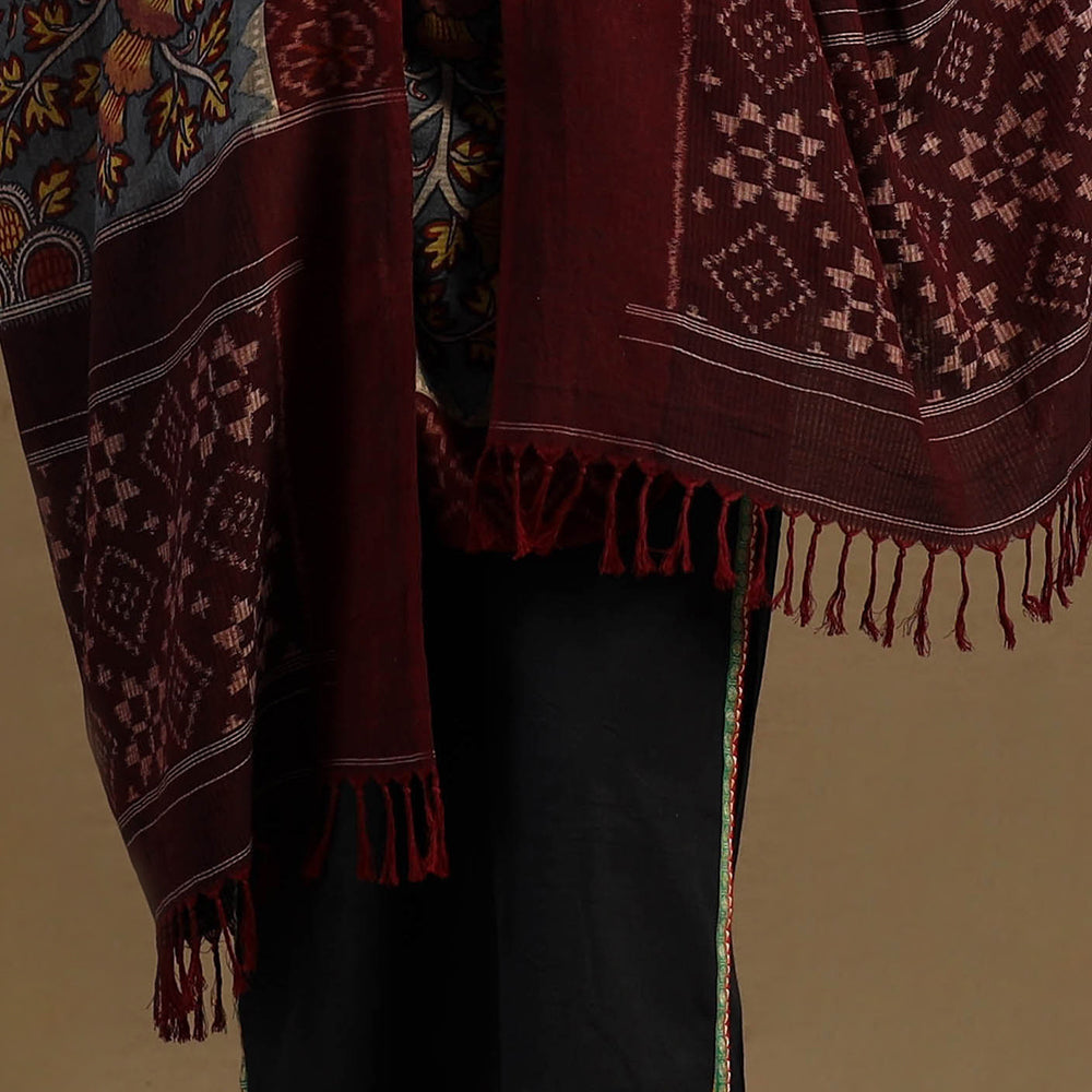 Grey Pen Work Cotton Ikat Border Handpainted Kalamkari Dupatta