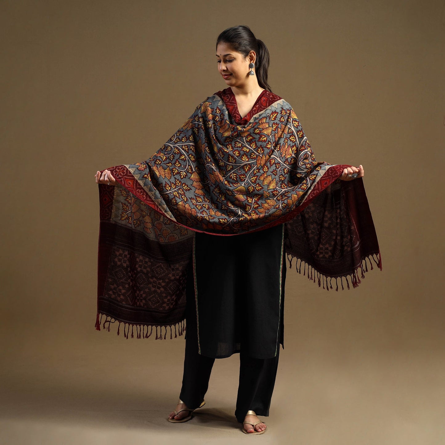 Grey Pen Work Cotton Ikat Border Handpainted Kalamkari Dupatta