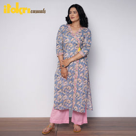 Buy Sanganeri Hand Block Printed Cotton Long Kurta with Palazzo Set Online l iTokri.com
